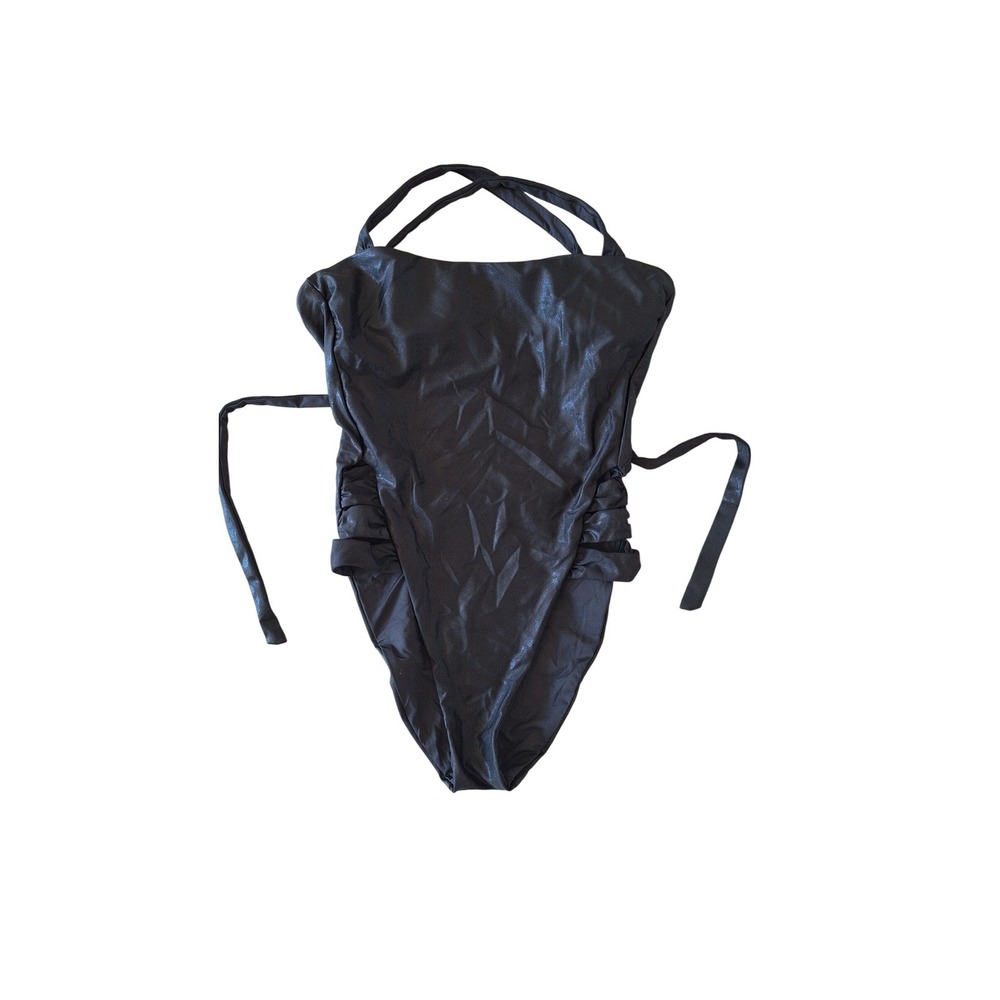 Becca Black Faux Leather Ruched High Cut One Piece‎ Swimsuit Medium 321157A